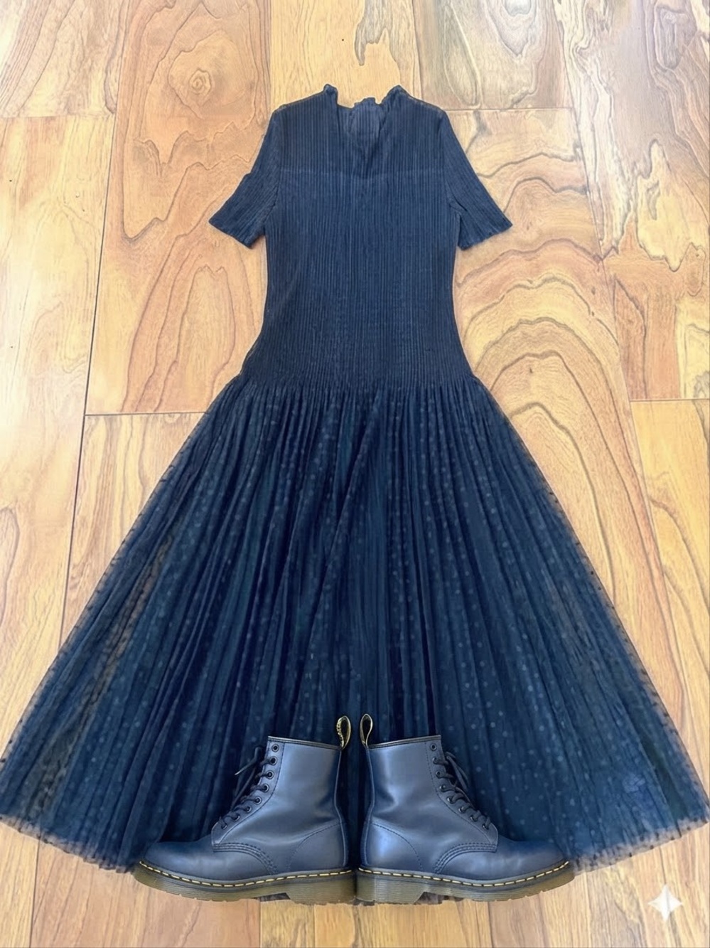 NWOT Issey Miyake Style Pleated Midi Dress Black Polka Dot Mesh Goth Grunge M L
